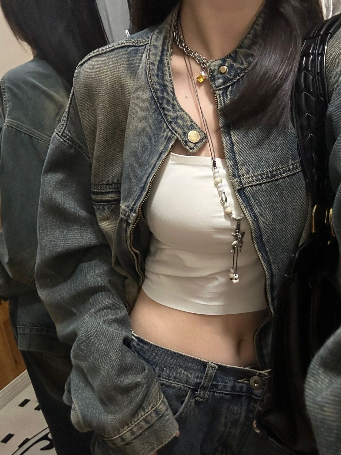 Womens Vintage Washed Distressed Denim Jacket