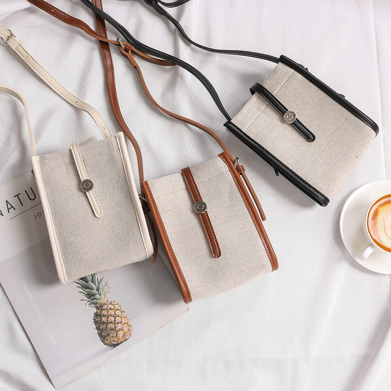 Retro Linen Canvas Small Cross Bag Hit Color Belt Buckle
