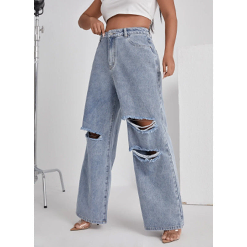 Dame-Denim Med Huller Høj Talje Lige Ben Bukser