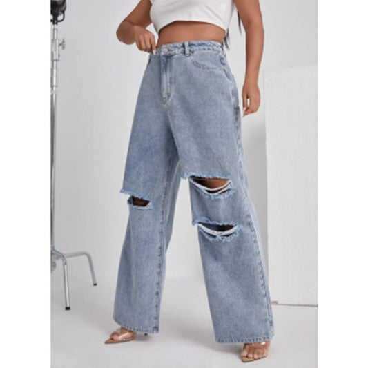 Dame-Denim Med Huller Høj Talje Lige Ben Bukser
