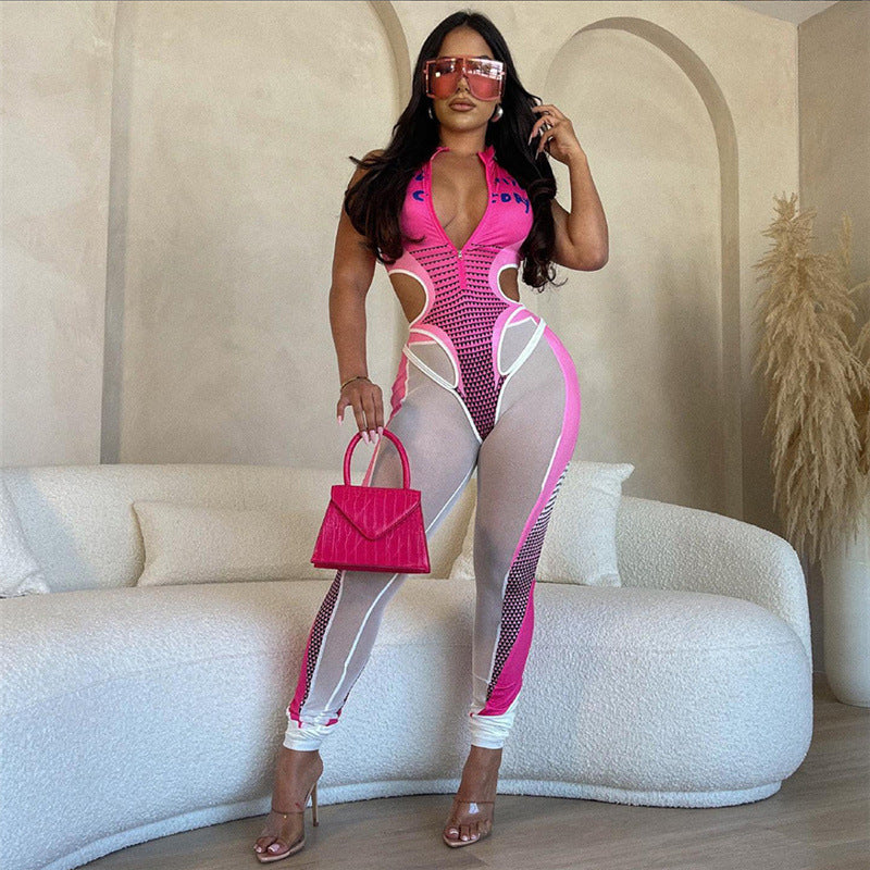 Udhulet printet jumpsuit med mesh-syning, afslappet buksesæt