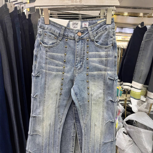 Retro Rivet Heavy-duty Skinny Jeans High Waist Slimming Design