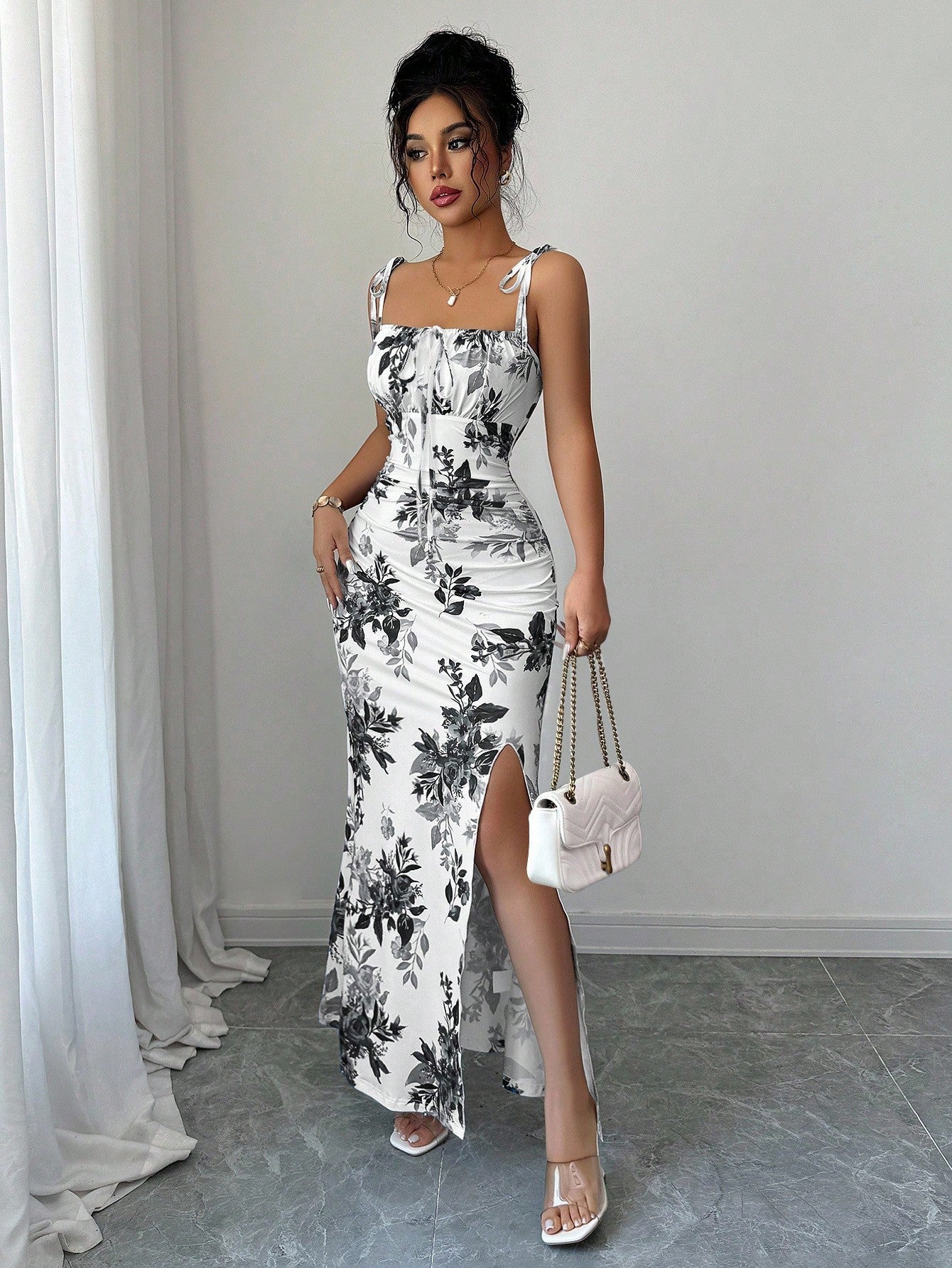 Printed Slip Dress, High-waisted Floral Maxi Dress