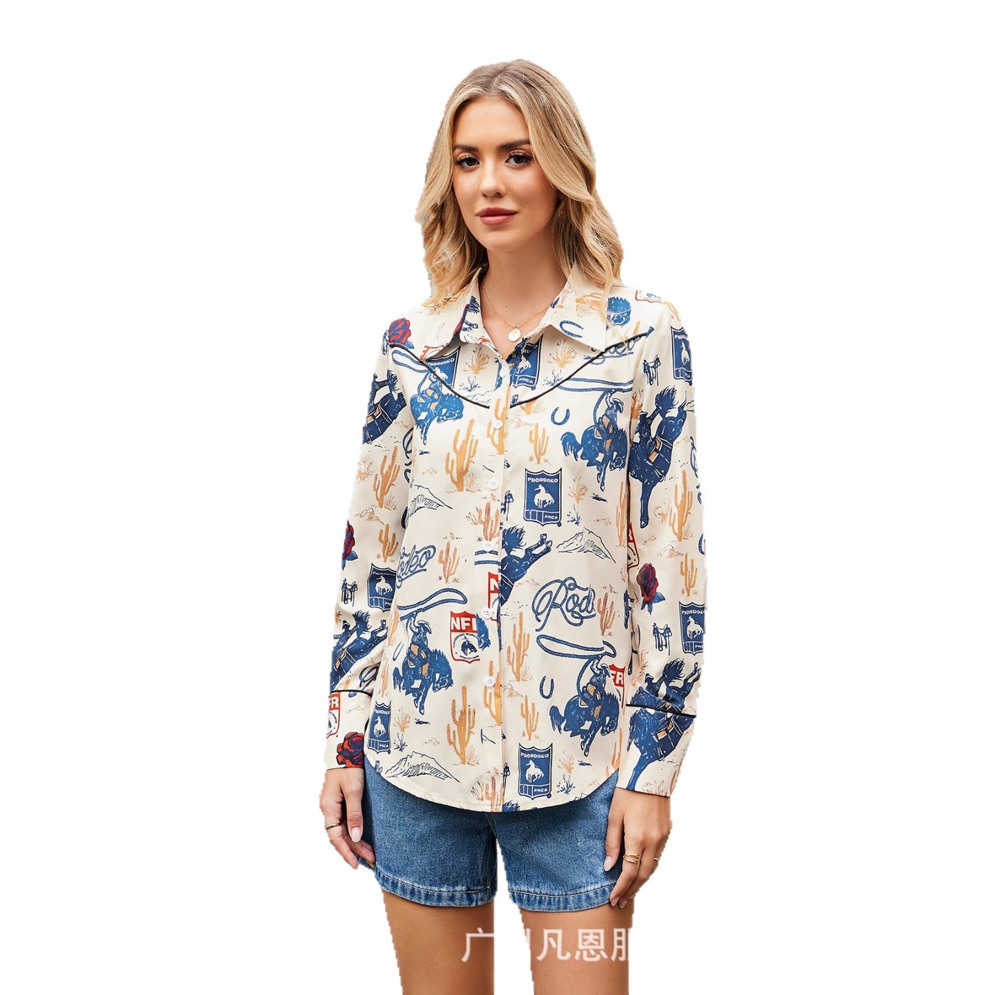 Western Cowboy Style Street-Print Slim-Fit Womens Shirt