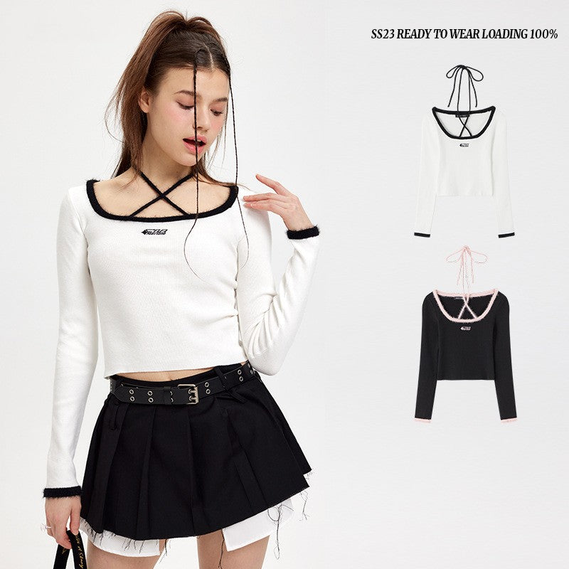 Japanese Niche Hanging Neck Lace-up Knitted Shirt Autumn And Winter Slim