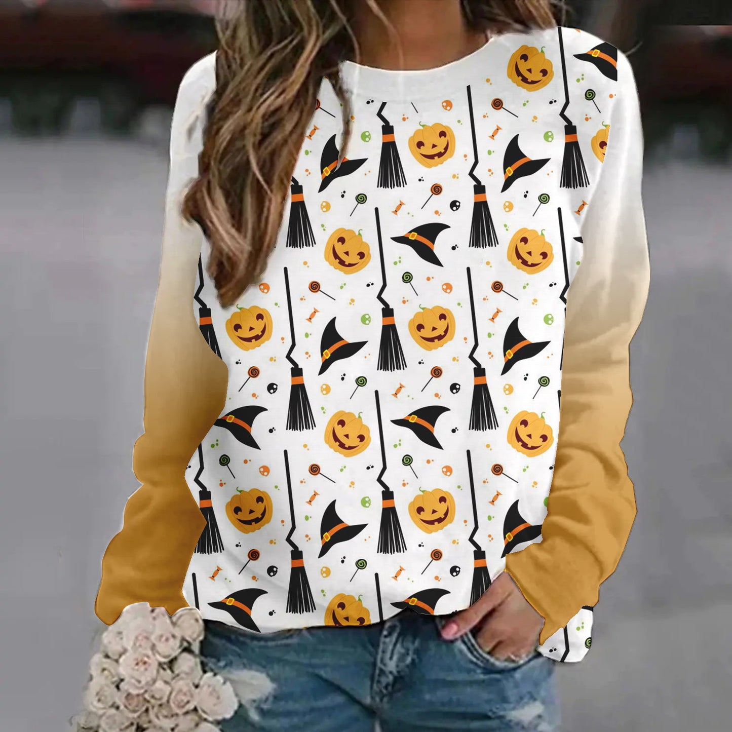 Dame Halloween-sweatshirt med tryk og raglanærmer