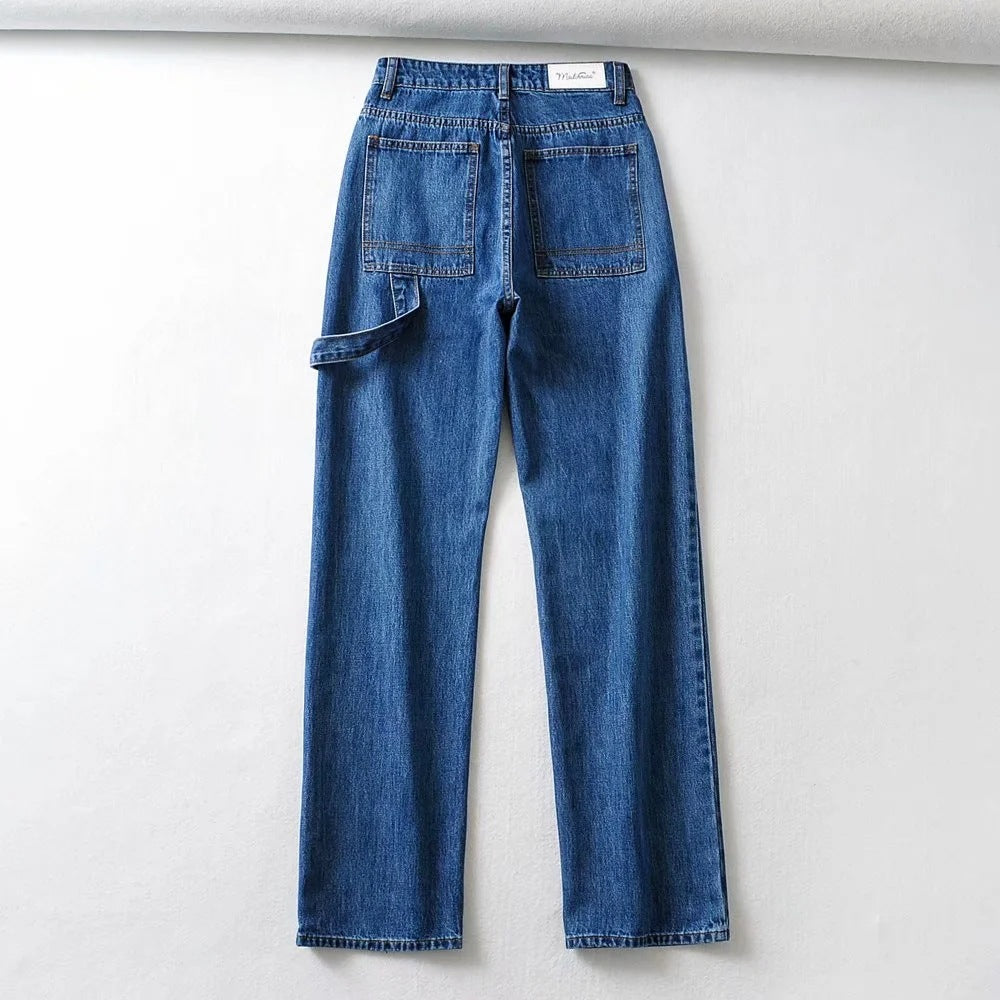 High Waist Slim Wide Leg Jeans Retro Tooling Fashion Stitching Long