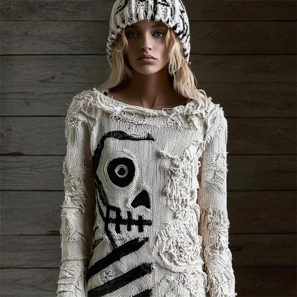 Womens 3D Digital-print Crew-neck Loose Sweater
