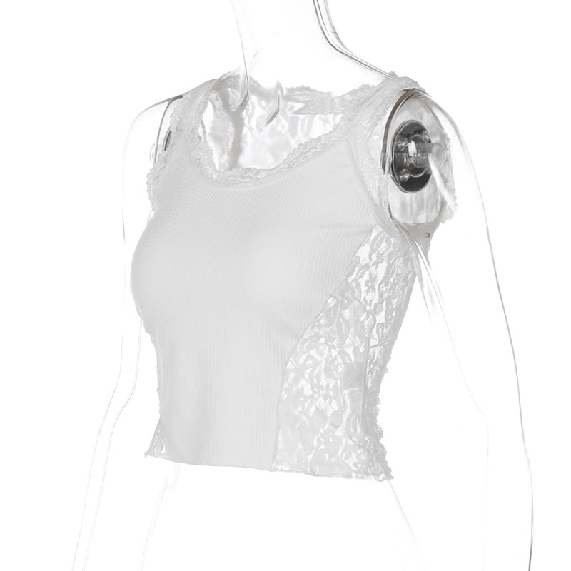 Ins Style Hot Girl Solid Color Stitching Lace Vest