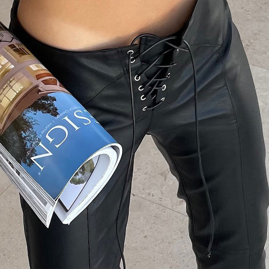 Straight Tube Loose Casual Low Waist Leather Pants