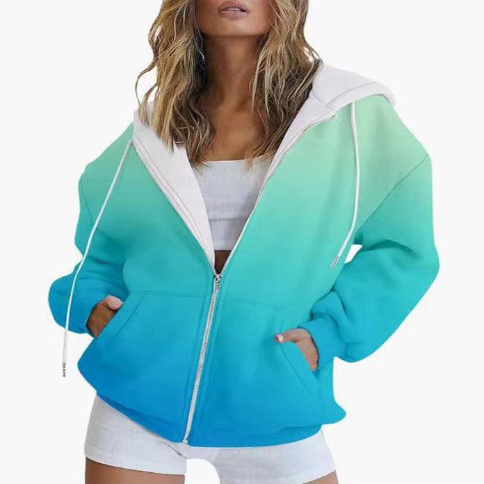 Gradient 3D Digitalprint Casual Langærmet Lynlås Hættetrøje Sweater Til Kvinder