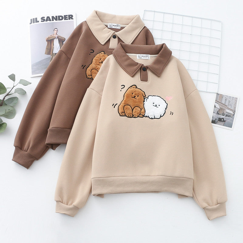 Winter Cartoon Wool Embroidery Puppy Thickened Pullover Long Sleeve Sweater