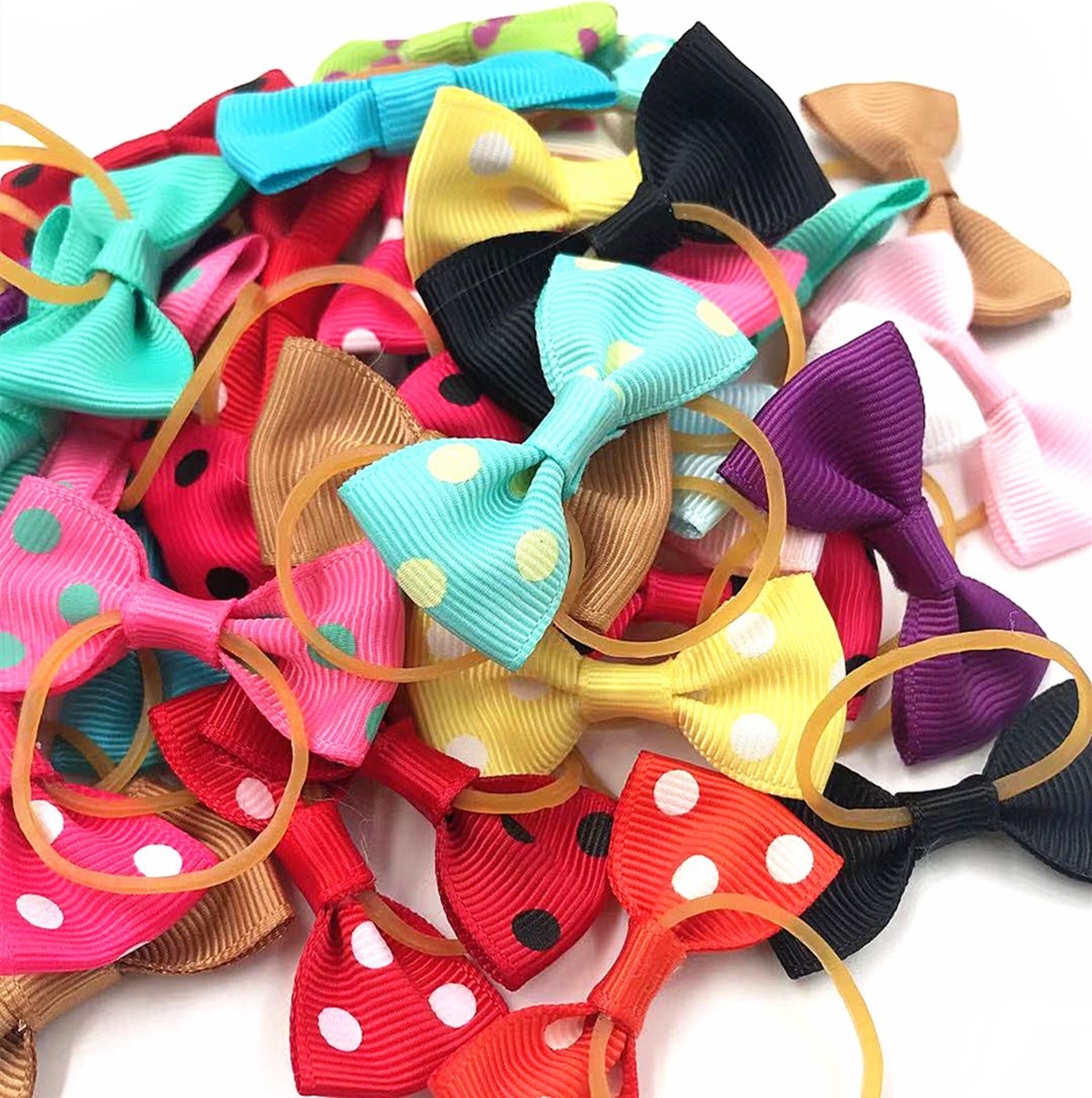 20 Colors Pet Dog Polka Dot Solid Color Small Bow And Rubber Band Hair Tie