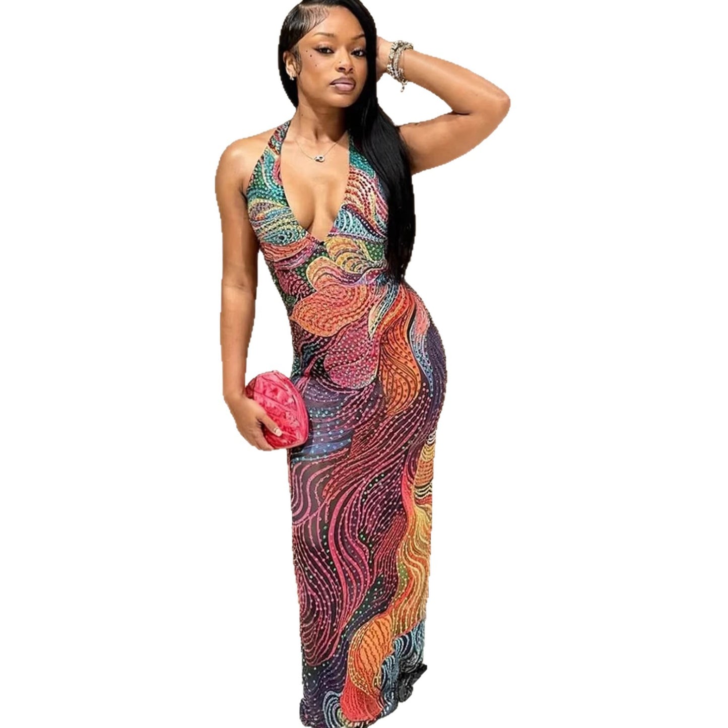 Womens Colorful Sequin Halterneck Dress From Europe And The