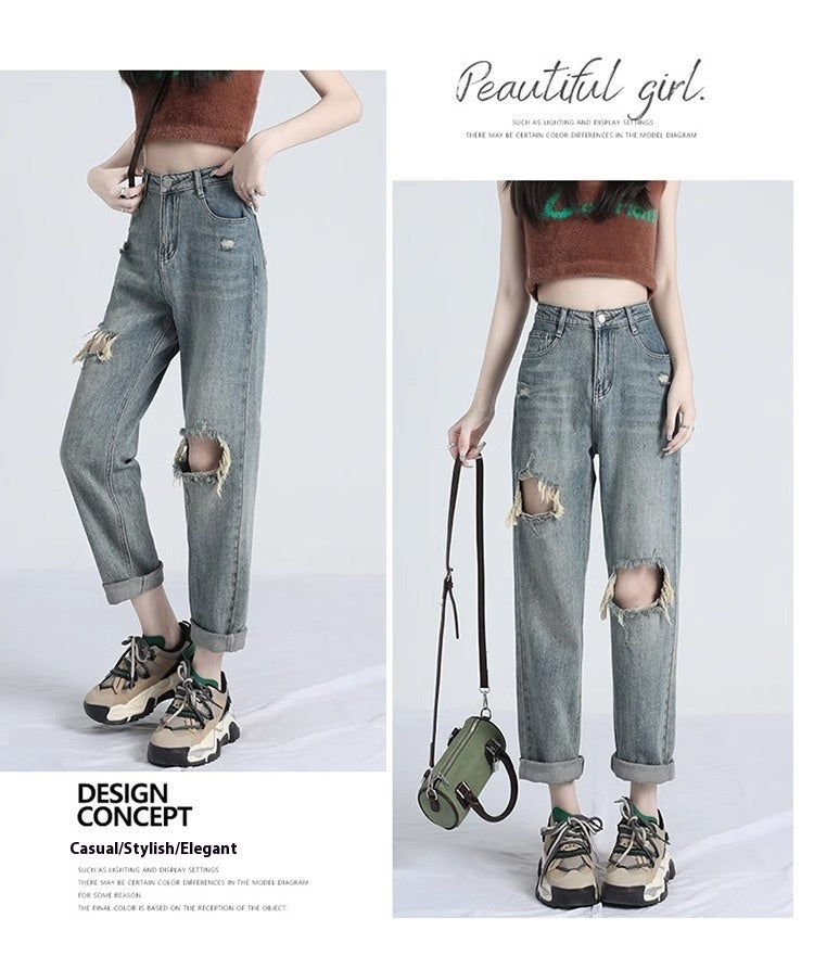 Ripped Daddy Jeans For Women Spring And Autumn New High Waist Loose Small