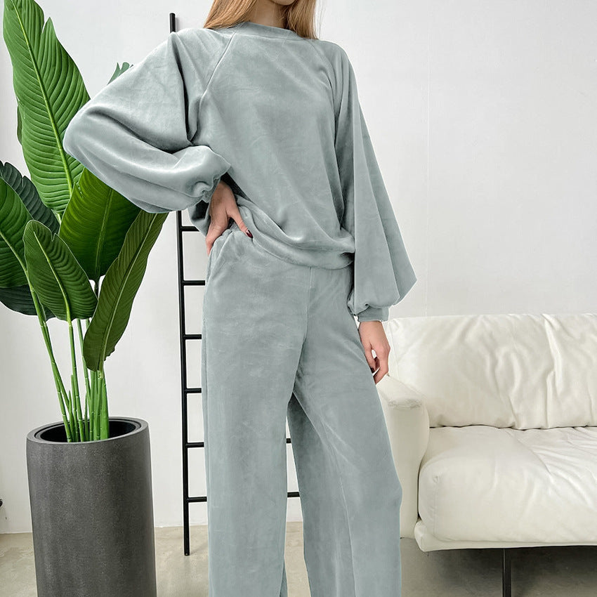 Loose Comfortable Soft SpringSummer Velvet Long-Sleeve Pajama Set For Women