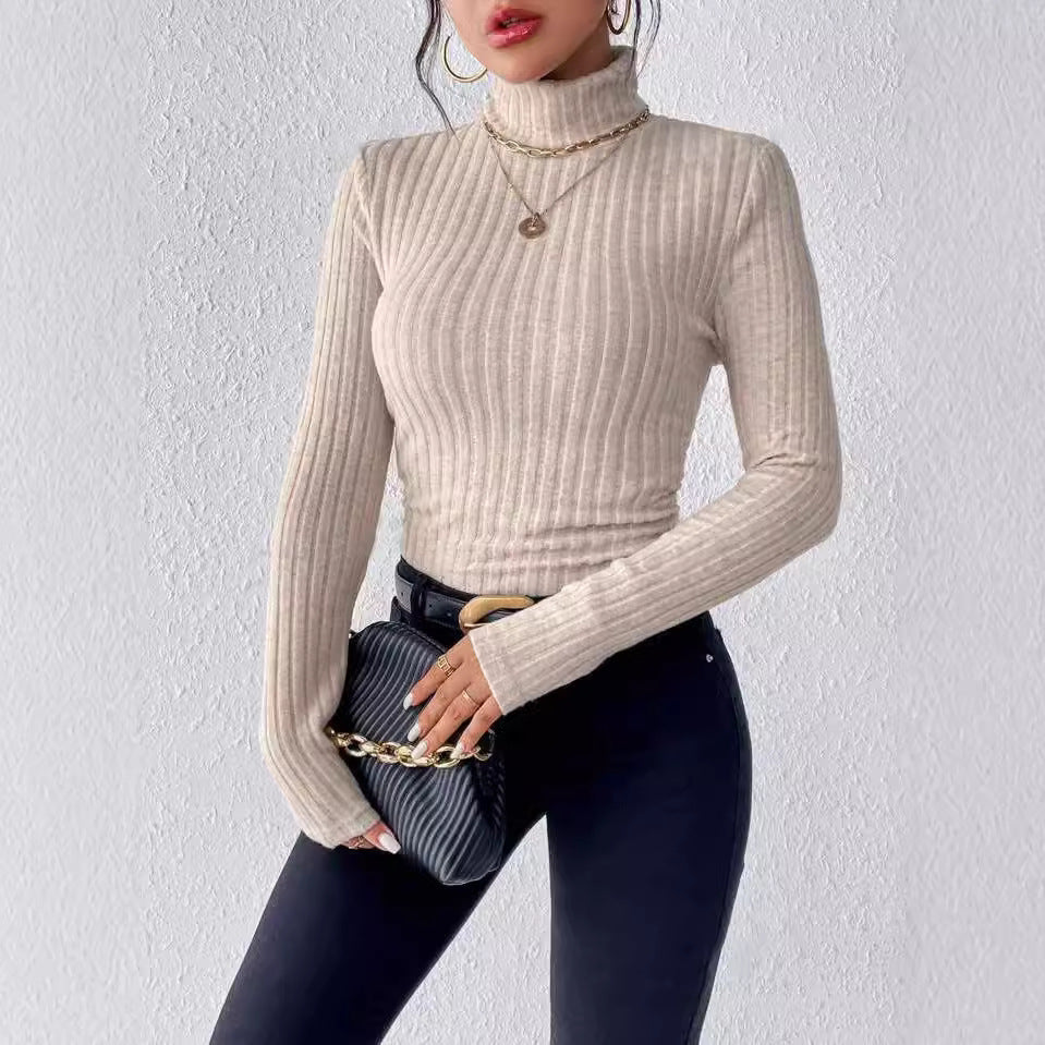 Autumn And Winter V-neck Long Sleeve Brushed Sunken Stripe Knitted Top