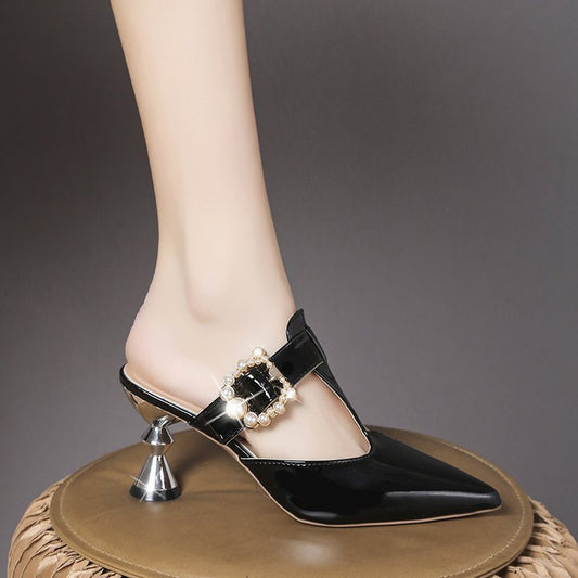 Summer Fashion Pointed-toe Slip-on High Heel Large Size Belt Pearl Round Buckle Sandals