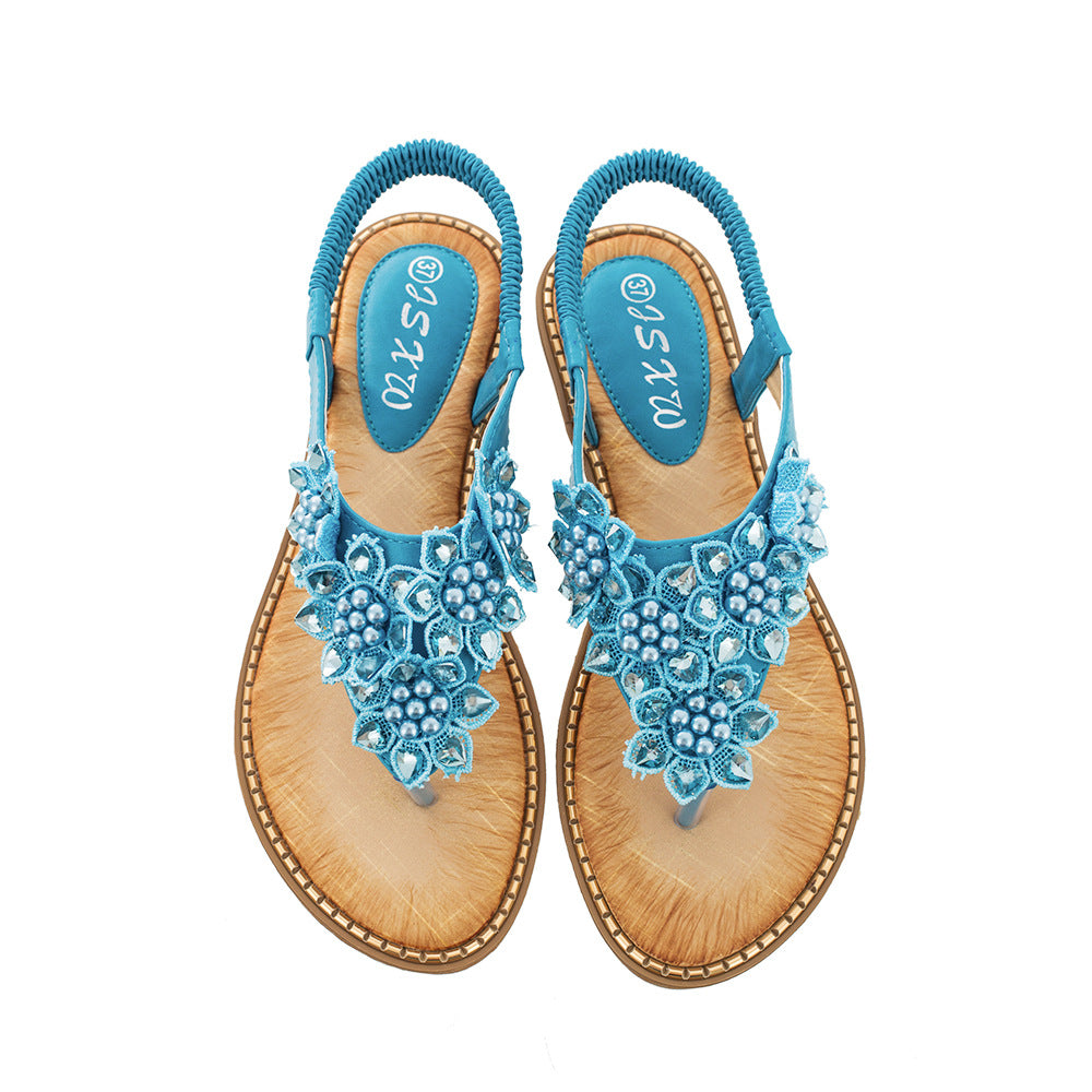 Bohemian Style Handmade Flower Round Toe Flip Flops Women's Fashion All-match Trend Sandals