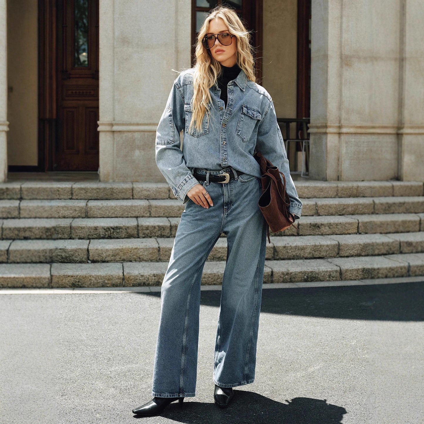 Womens Light Blue Washed Denim Jacket And Pants Set