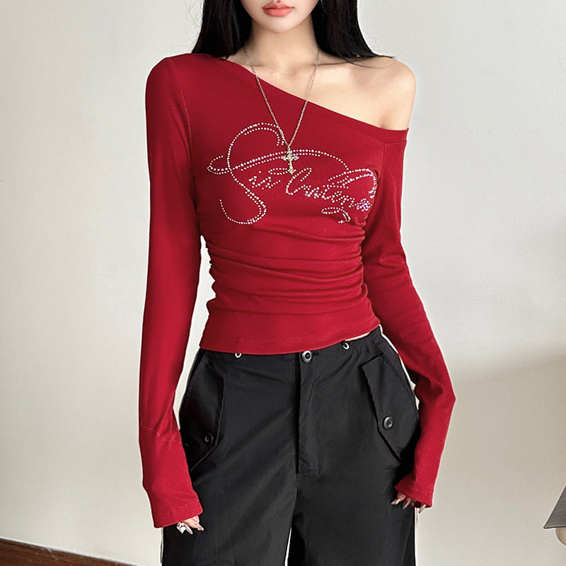 New Trendy Off-shoulder T-shirt With A Slash Neckline And Letter Detailing