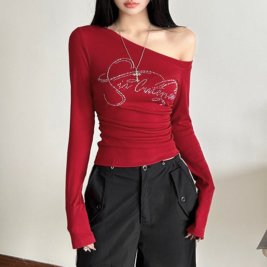 New Trendy Off-shoulder T-shirt With A Slash Neckline And Letter Detailing
