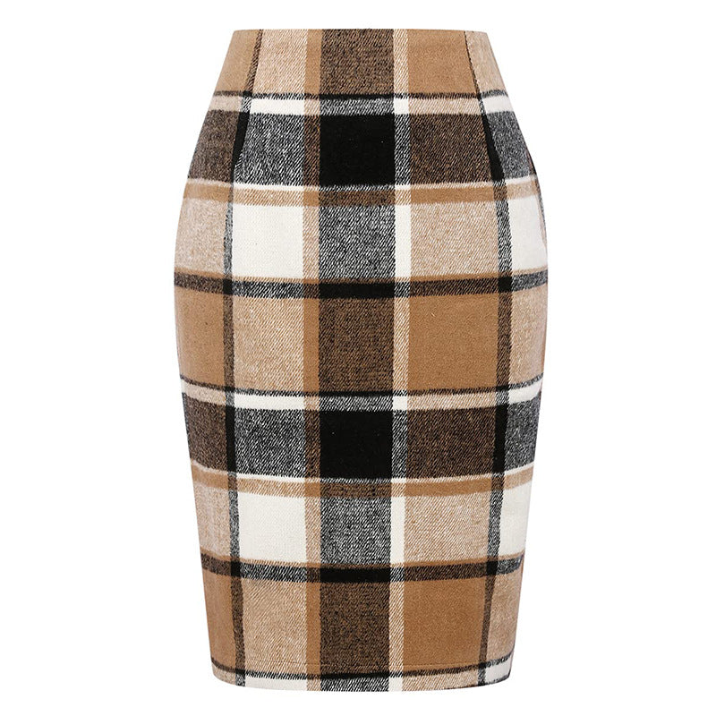 Pencil Plaid High-waist Tight Hip-hugging Midi Skirt