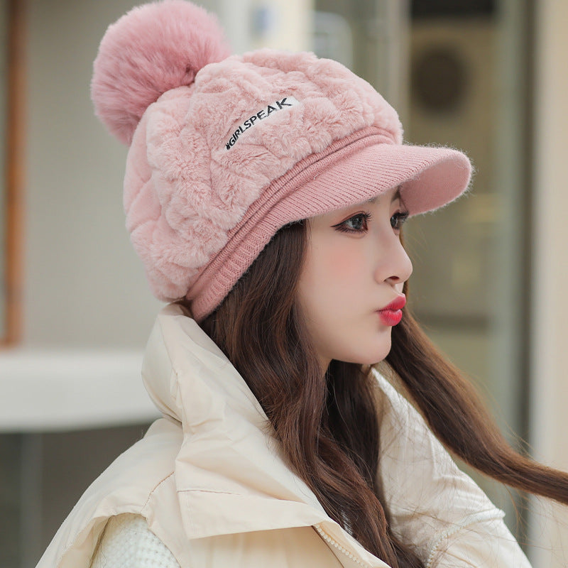 Rabbit Fur Warm Peaked Cap Cute Winter Fur Ball Cold Protection Hat