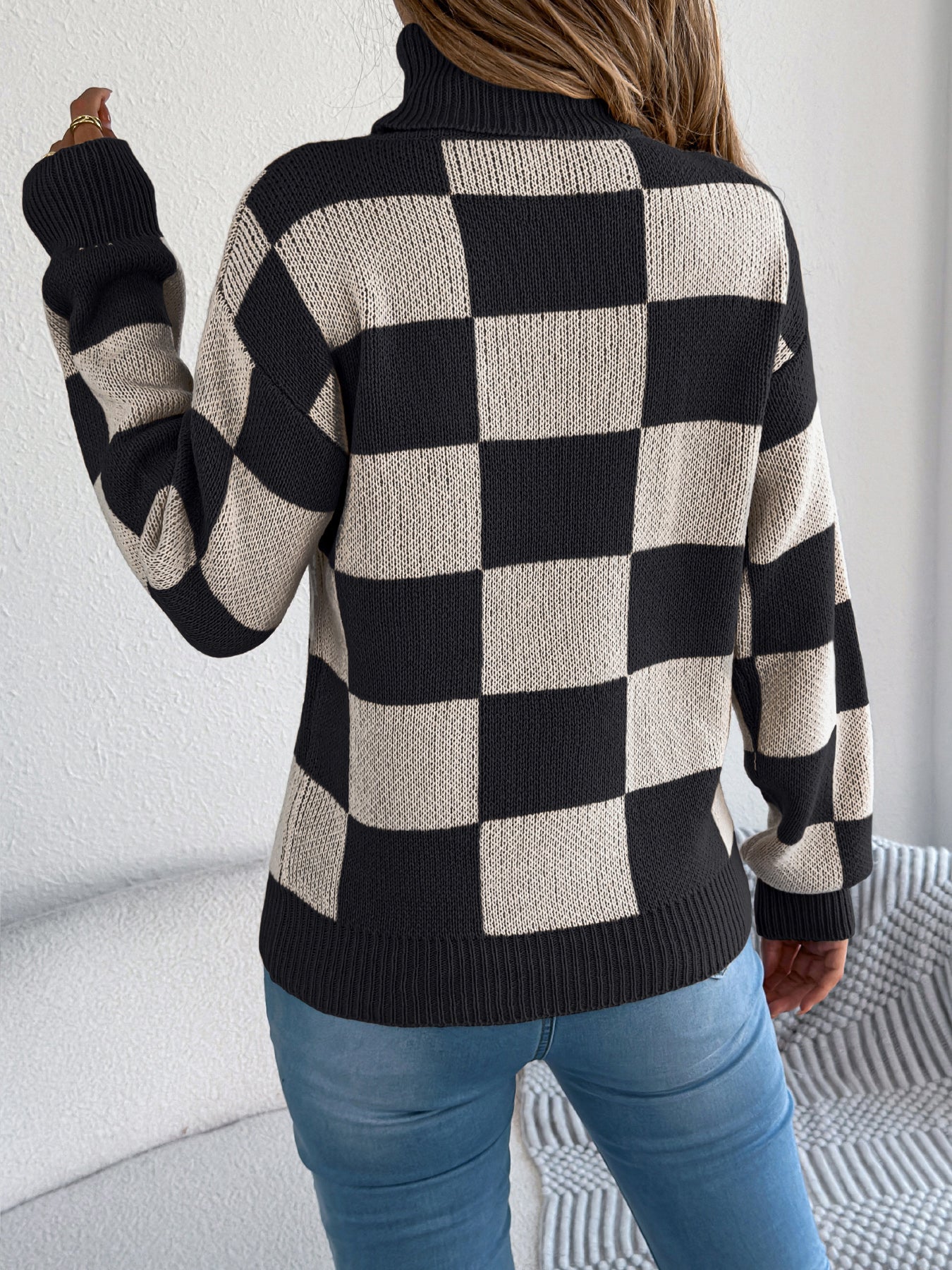 Dame Højhalset Farveblokket Ternede Sweater med Lanterneærmer