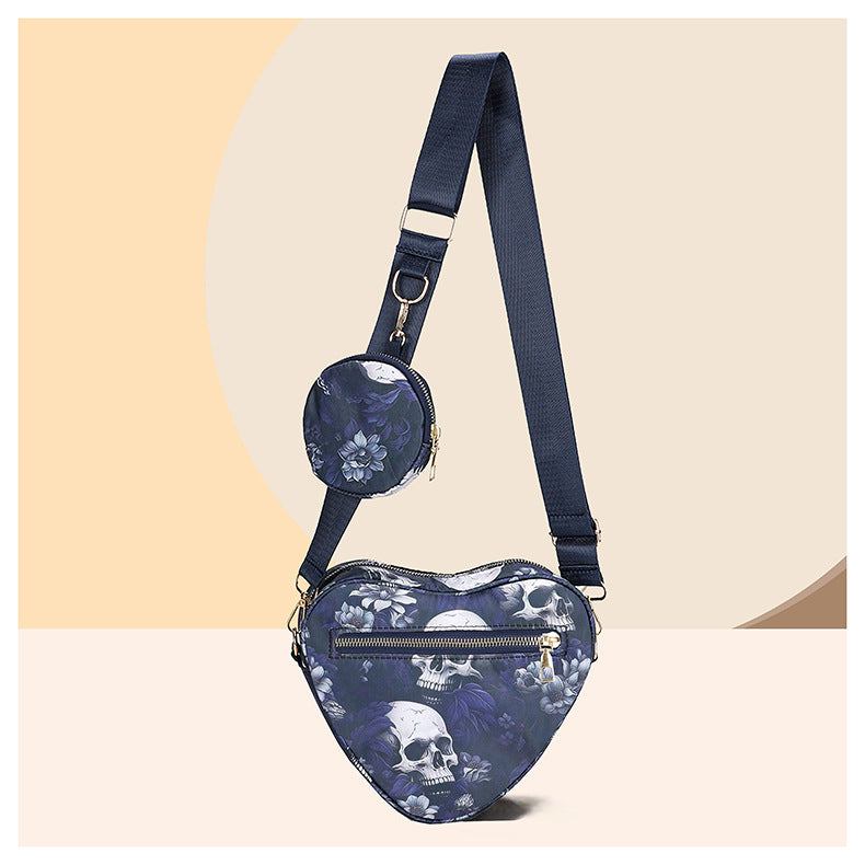 Skull Flower Printed Waterproof Oxford Cloth Large Capacity Versatile Shoulder Bag Detachable Coin Purse