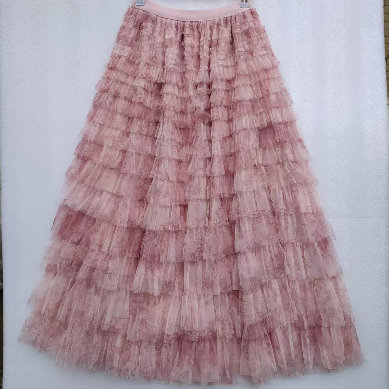 Plus-size Women's Mid-length Tie-dye Ink Print Mesh Skirt