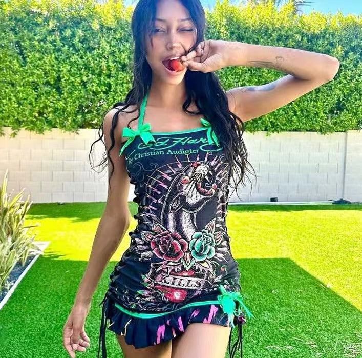 Printed Oil Painting Drawstring Tube Top Slip Dress