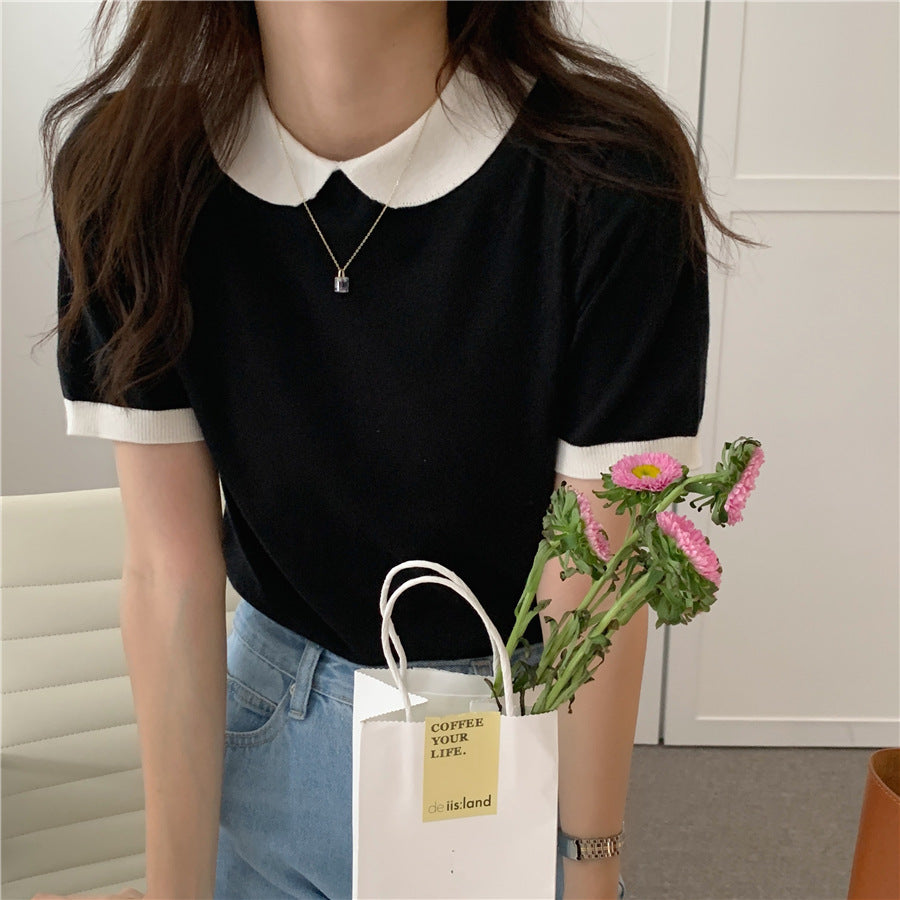 One Row Color Block Doll Collar Short Sleeve