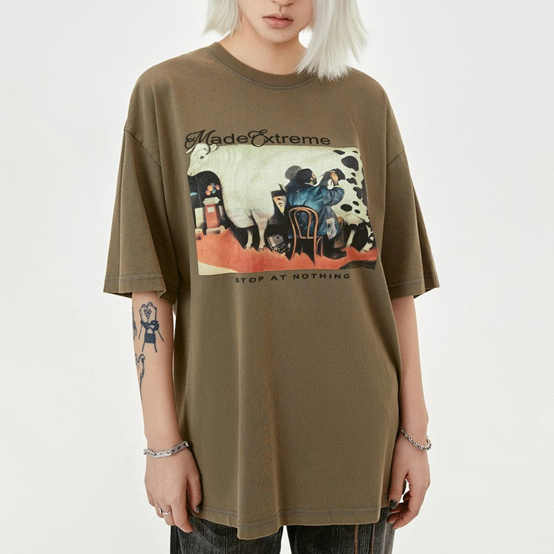 American Retro Distressed Painting Cow Short Sleeve