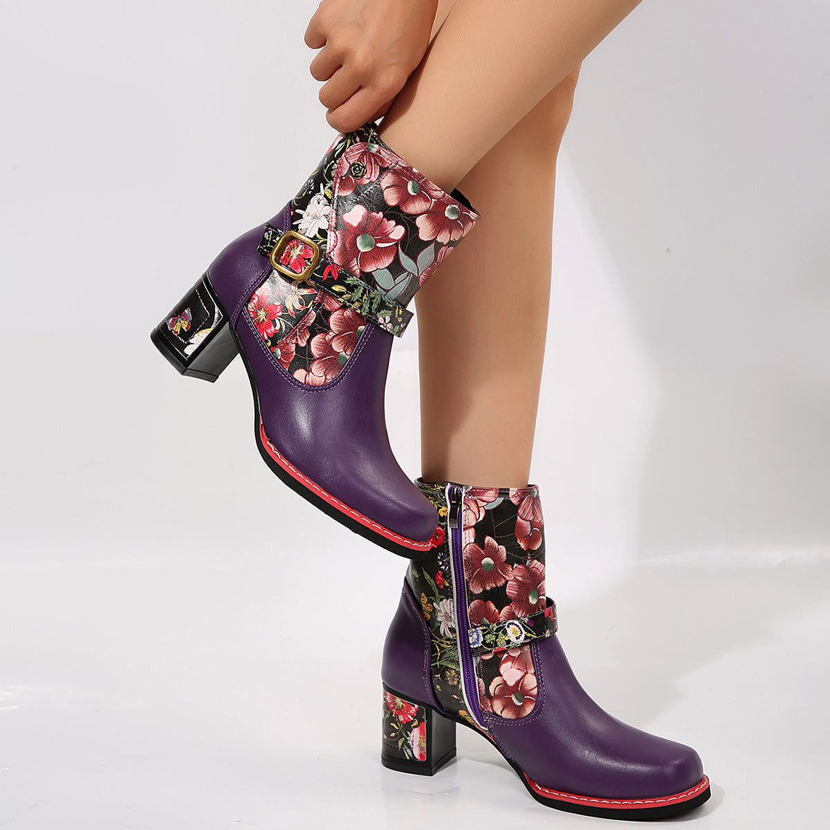 Women's Printed Stitching Round Head Thick Bottom Bootie