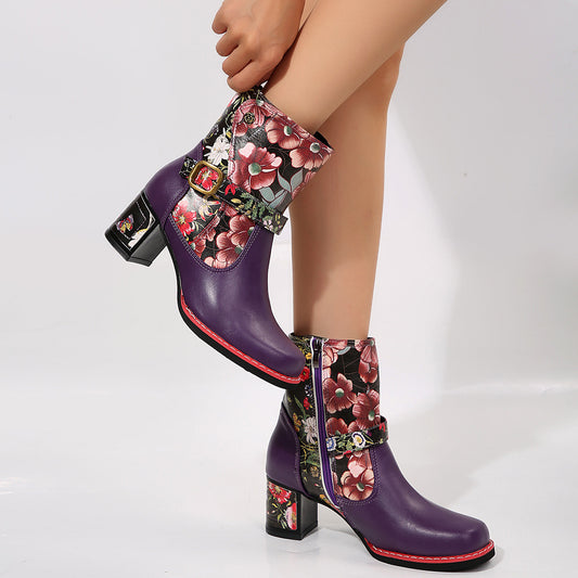 Women's Printed Stitching Round Head Thick Bottom Bootie