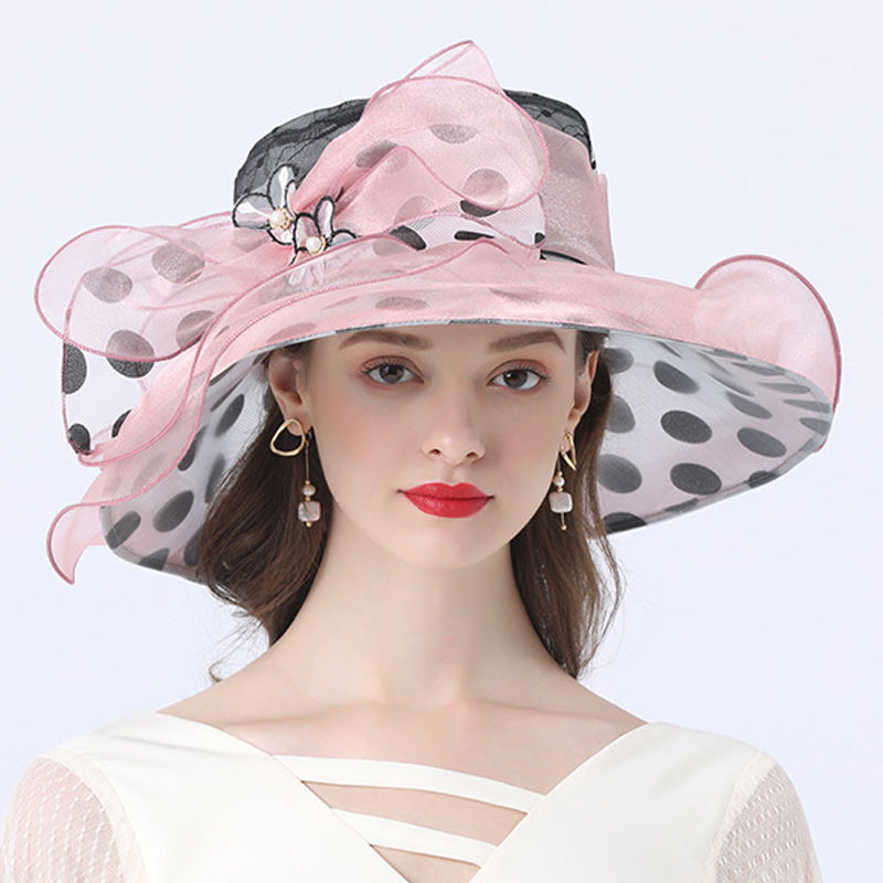 Ladies Street Casual Sun Hat With Polka Dot Decoration And Big Brim