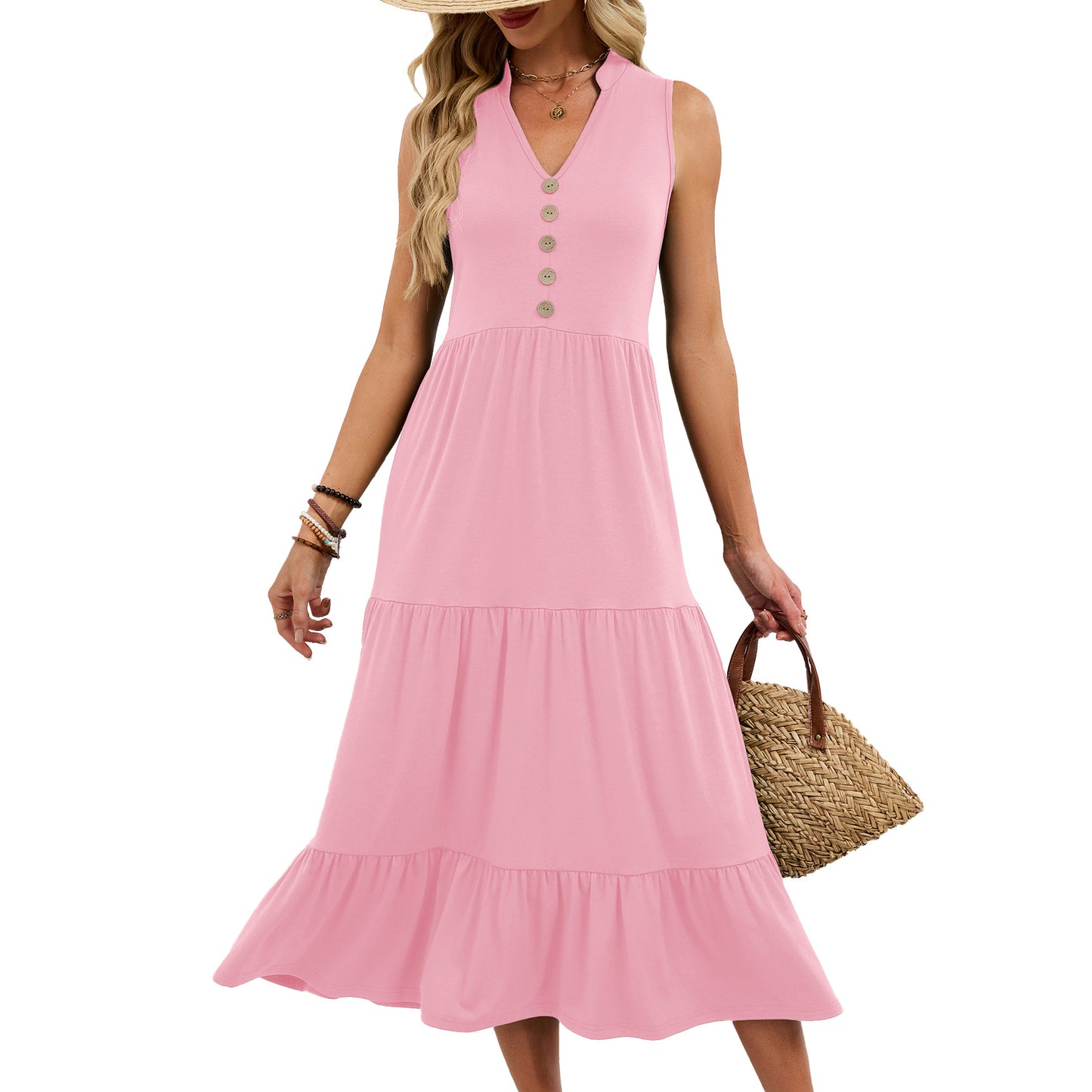 Spring Summer New Solid-Colored V-Neck Buttoned Sleeveless Long Pleated Dress