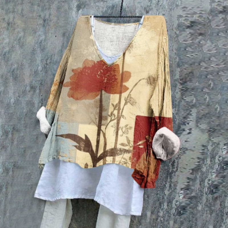 Women's Retro Red Floral Pattern Print Flowy Tunic