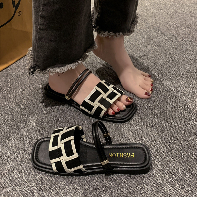 Square Toe Sandals Women's Canvas Check Pattern Flat Sandals