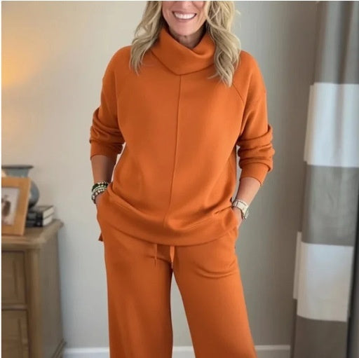 Solid Color Hooded High-neck Top Casual Women's Two-piece Set