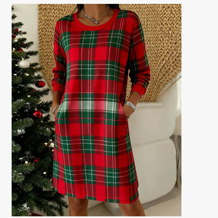 Womens Retro Plaid Crew-Neck Long-Sleeve Dress