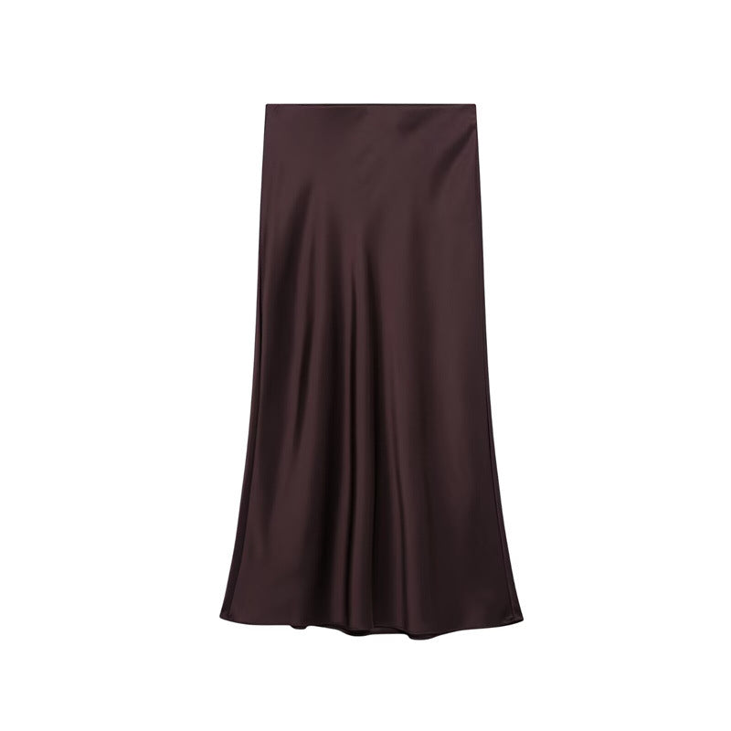Solid Color Slim Silk Satin Texture Midi Skirt