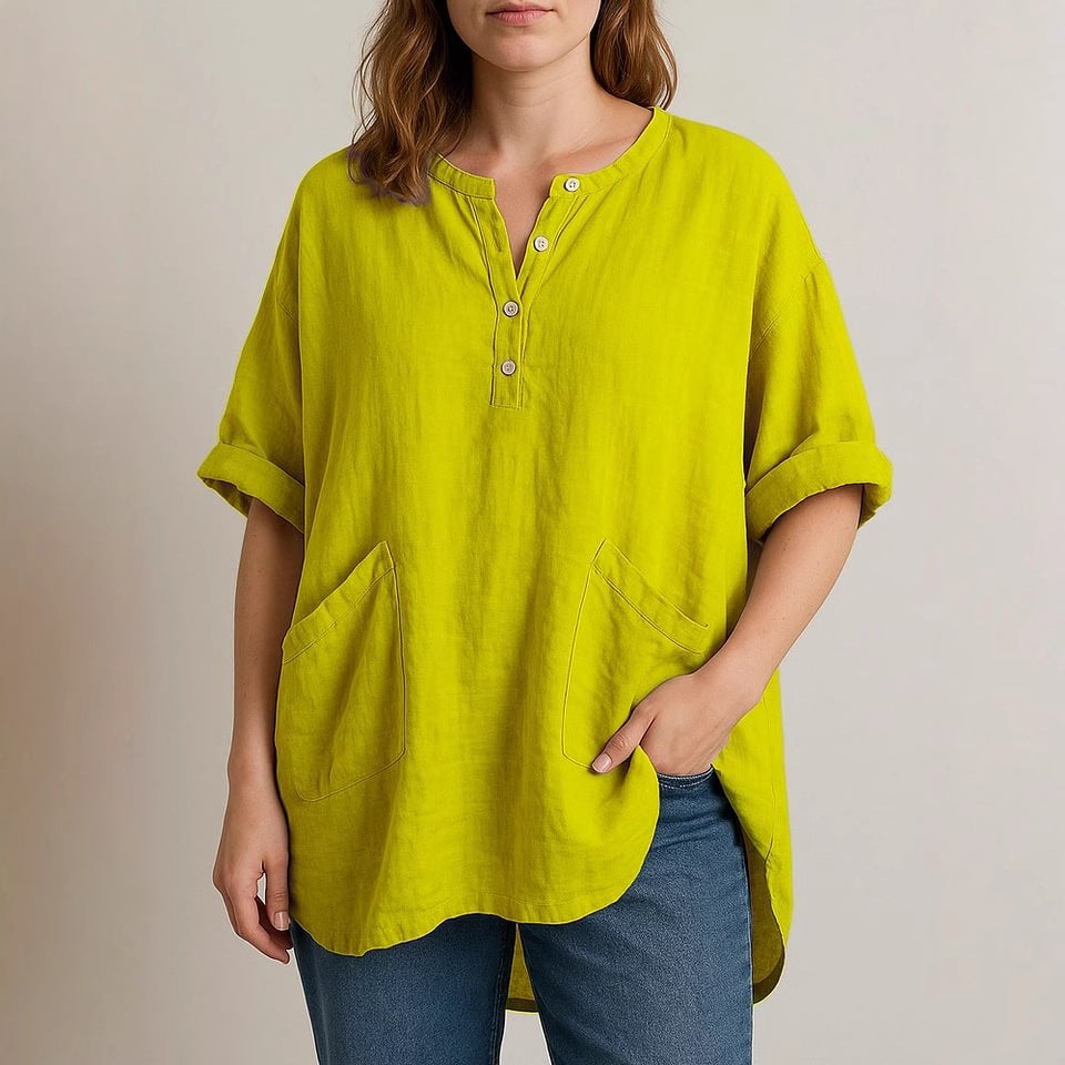 Women's Casual Cropped Sleeve V-neck Solid Color Cotton And Linen Shirt