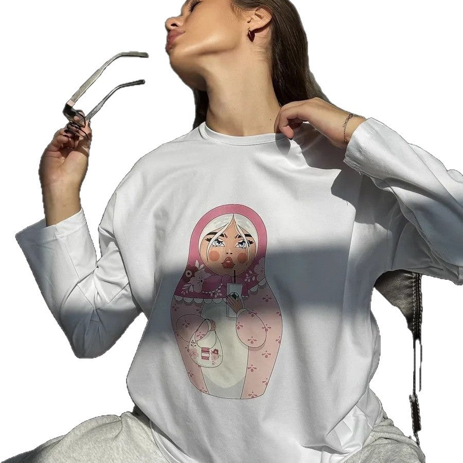 Womens Casual Printed Loose-fitting Long-sleeve Top