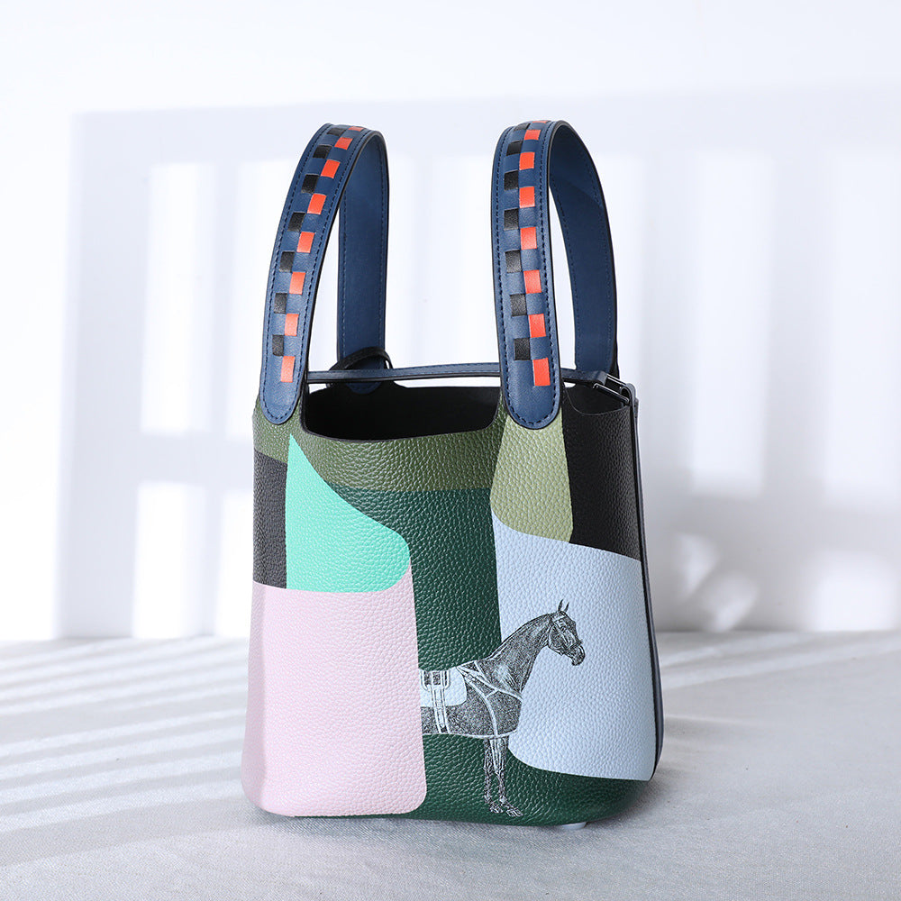 Cowhide Painted Vegetable Basket Portable Women's Bag Adjustable Shoulder Strap