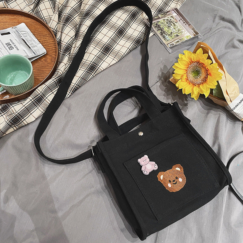 Cute And Funny Personality Embroidery Bear Soft Girl Canvas Messenger Bag