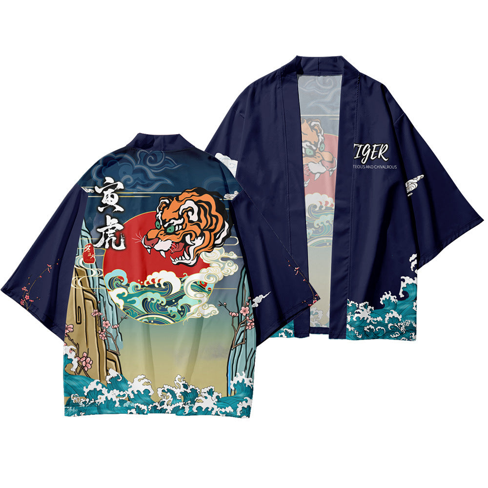 Tiger Print Cosplay Red Shirt Traditional Haori Kimono Women
