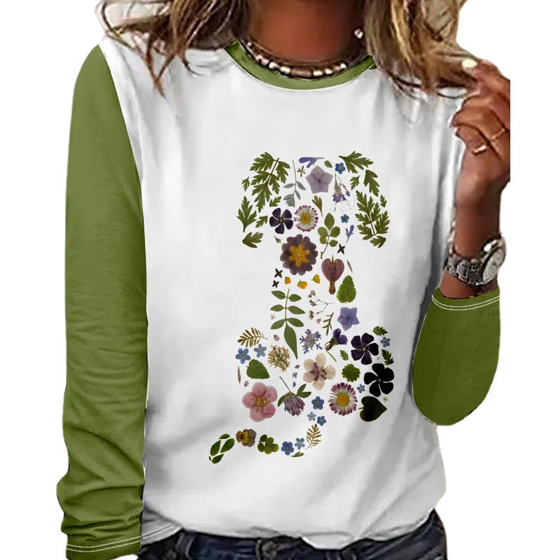 Women's Pullover Floral Printed Round Neck Long Sleeve T-shirt