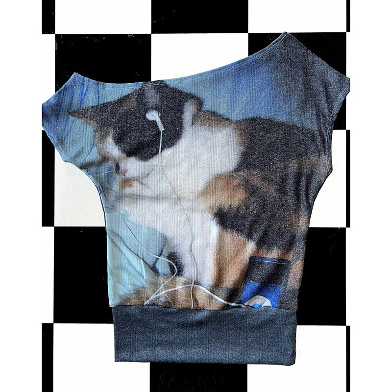 Retro Sassy Calico Cat Print Stretchy Asymmetrical Off-shoulder Short Sleeve